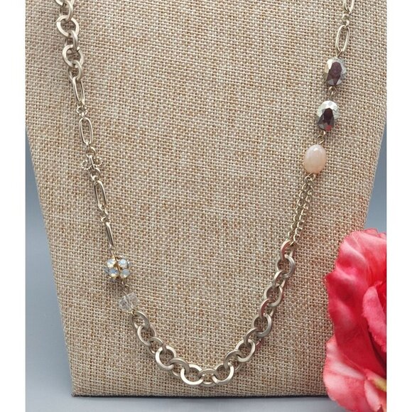 Loft Brushed Gold Tone Chain & Bead Station Necklace Crystals 36" Long - Picture 5 of 12